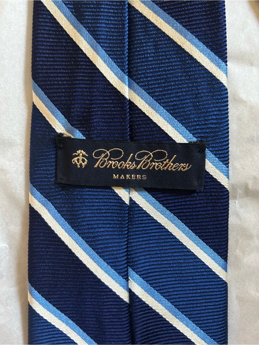 Brooks Brothers Navy Tie with Light Blue and Cream Diagonal Stripes Pure Silk